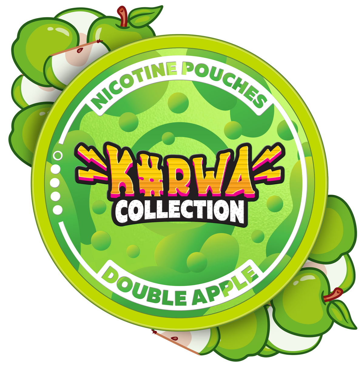 A circular product label for 'Kurwa Collection' nicotine pouches, flavor Double Apple. The label is bright green with a wavy pattern, featuring the brand name 'Kurwa Collection' in stylized yellow and orange text, and 'Double Apple' written in white.