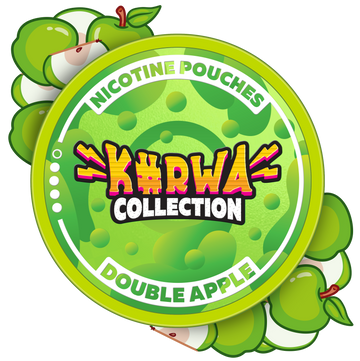 A circular product label for 'Kurwa Collection' nicotine pouches, flavor Double Apple. The label is bright green with a wavy pattern, featuring the brand name 'Kurwa Collection' in stylized yellow and orange text, and 'Double Apple' written in white.
