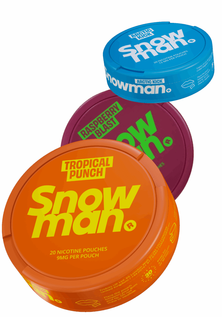 Snowman Nicotine Pouches on a transparent background. Featuring Tropical Punch, Arctic Kick and Watermelon Breeze flavours.