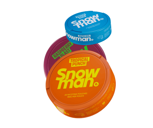 Snowman Nicotine Pouches on a transparent background. Featuring Tropical Punch, Arctic Kick and Watermelon Breeze flavours.